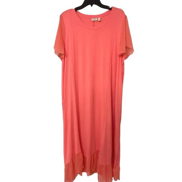Logo Lori Goldstein Coral Asymmetrical Hem Ruffle Flutter Sleeve Beachy Maxi 2X - Picture 1 of 15